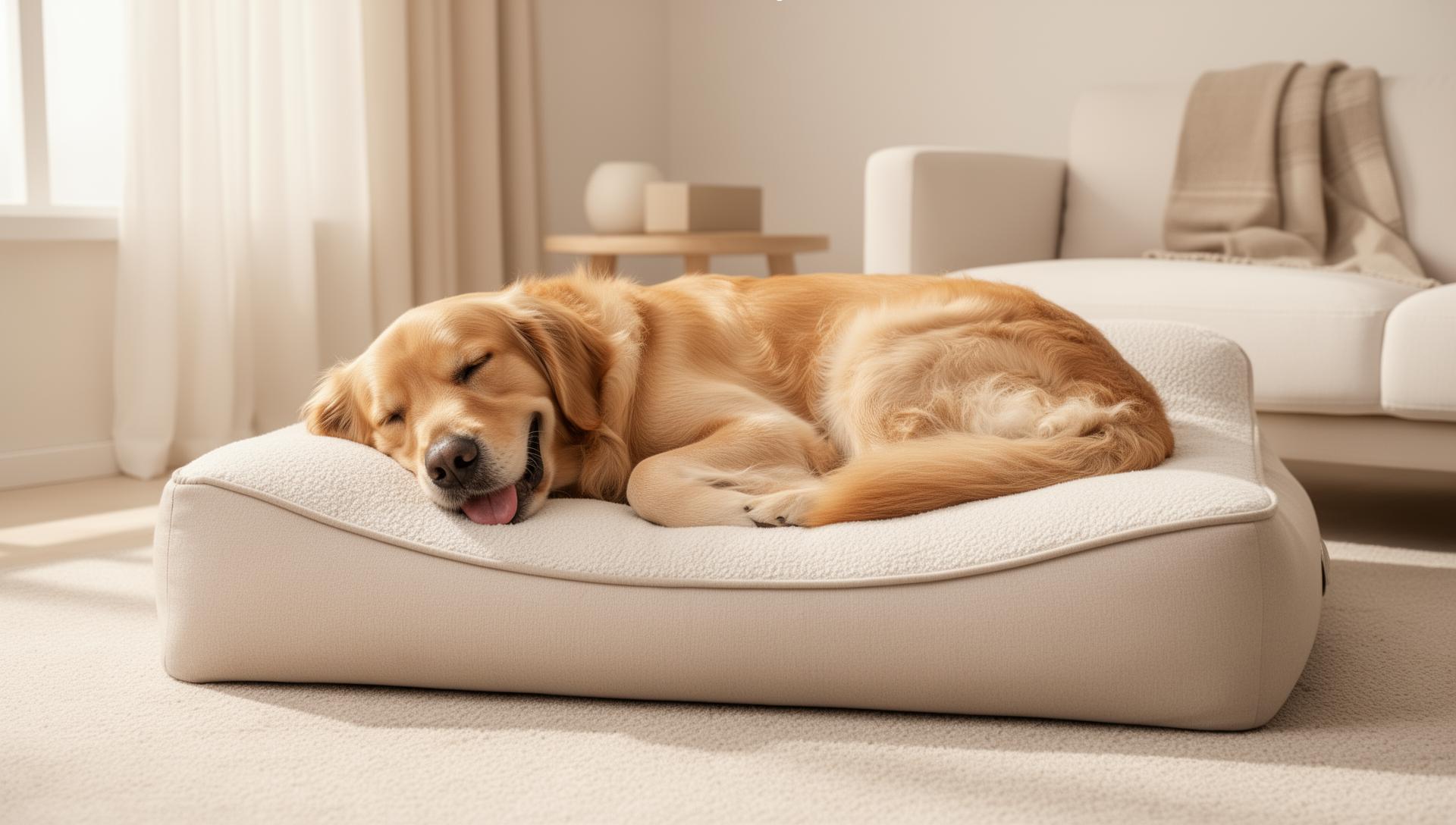 Glücklicher Hund, der entspannt in einem orthopädischen Hundebett liegt